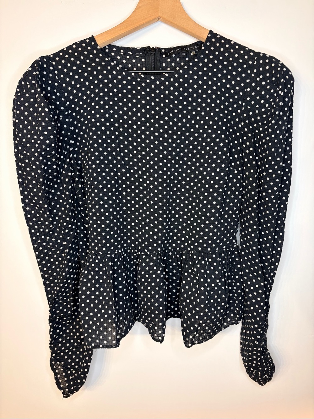 English Factory Black and White Polka Dot Peplum Top w/ Ruched Sleeves, Size XS